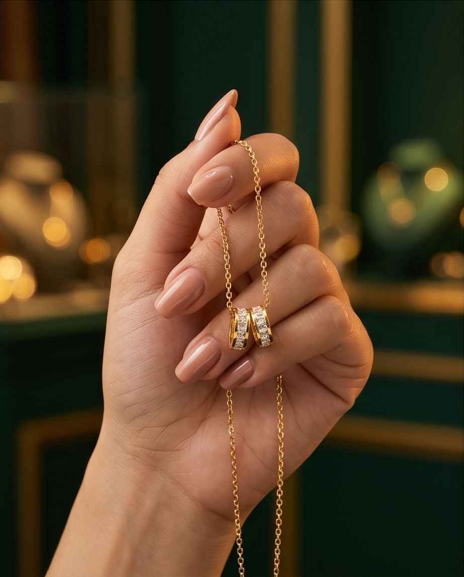 Gold-tone chain necklace with interlinked ring pendant held in a hand