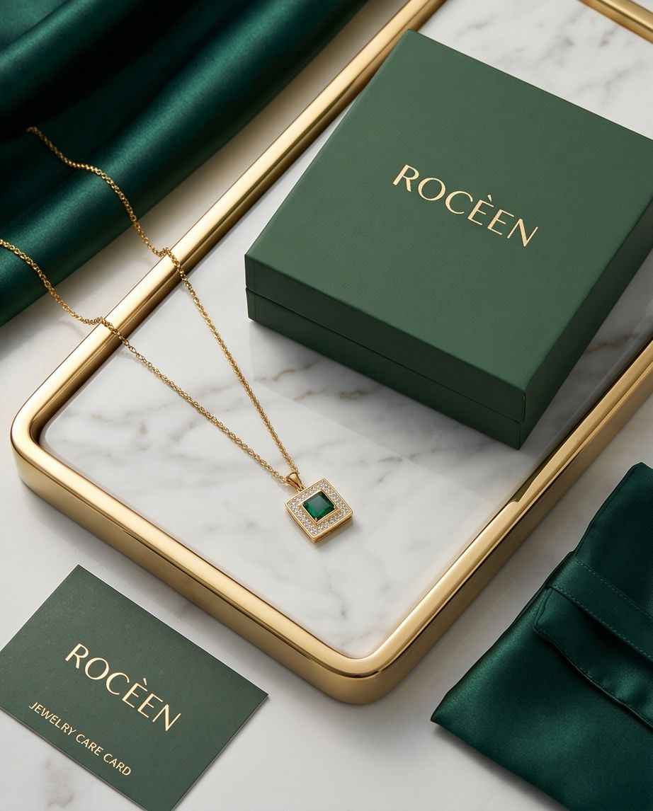 Gold square pendant necklace with green gemstone on thin chain