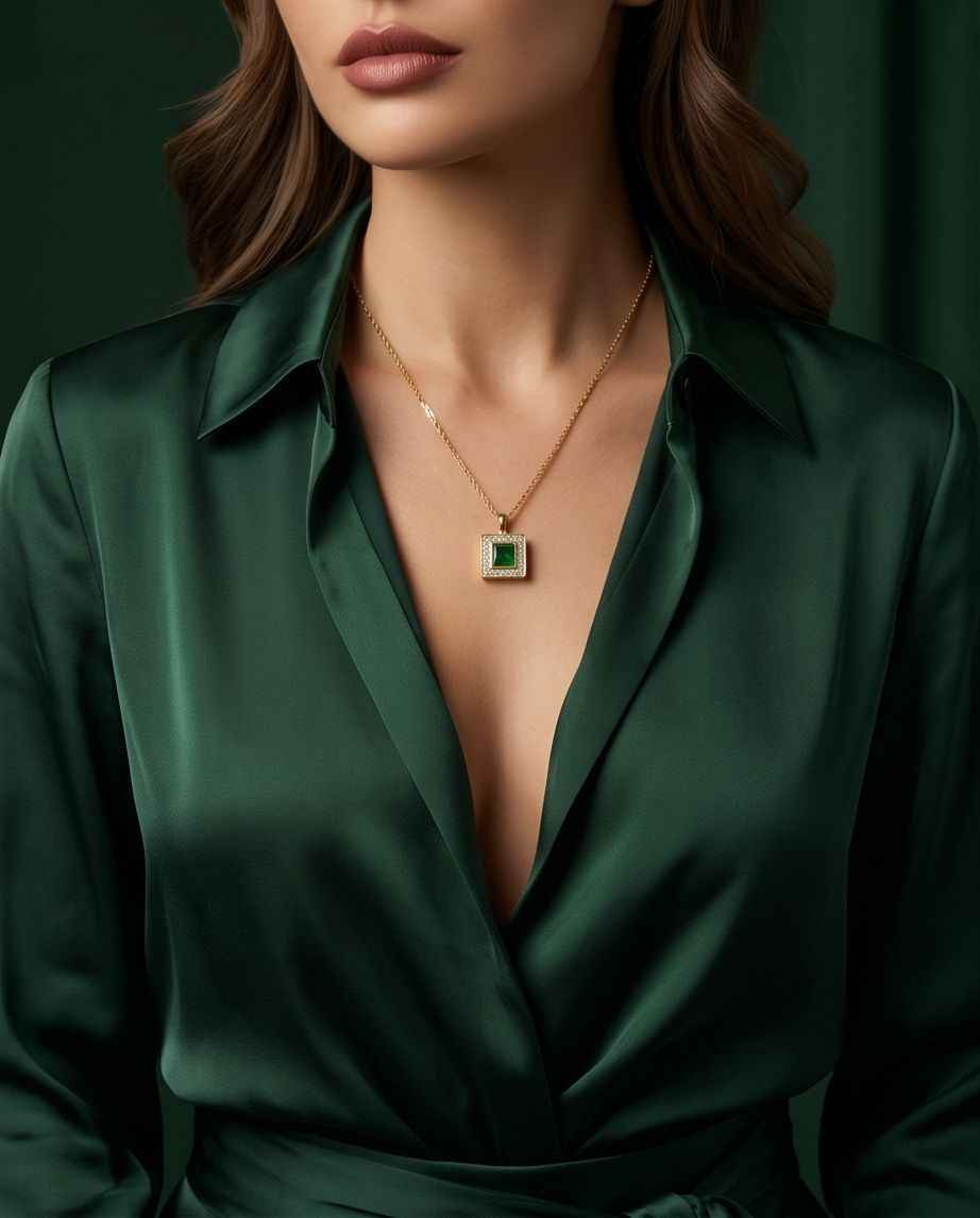 Gold chain square pendant necklace with green gemstone, worn on deep green blouse
