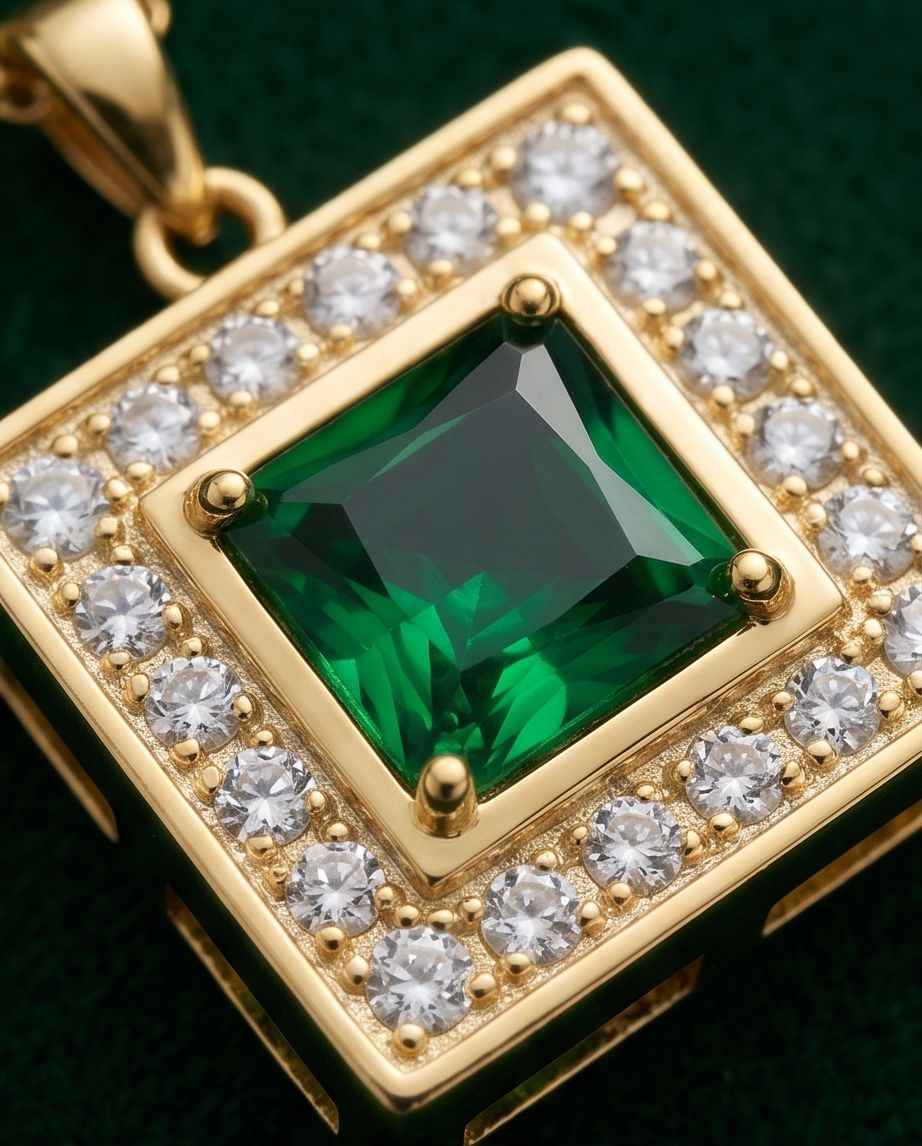 Close-up: gold square pendant necklace with green gemstone and white crystal border