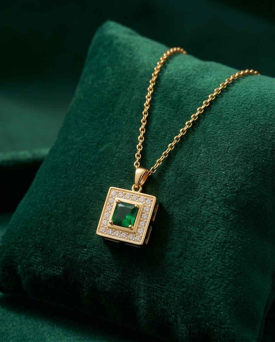 Gold square pendant necklace with green emerald-style center and crystal halo