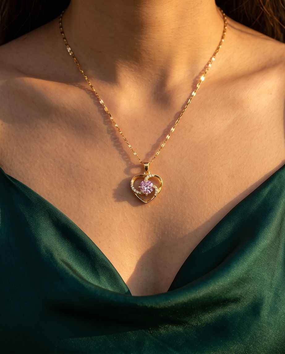 Gold heart pendant necklace with pink gemstone, worn on a delicate chain