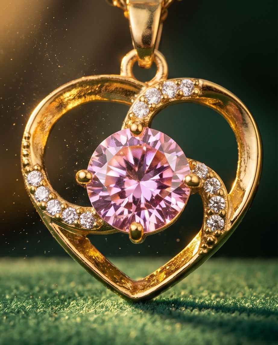 Gold heart pendant necklace with round pink gemstone and diamond-like pave details