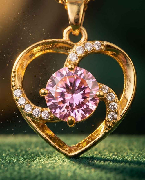 Gold heart pendant necklace with round pink gemstone and diamond-like pave details
