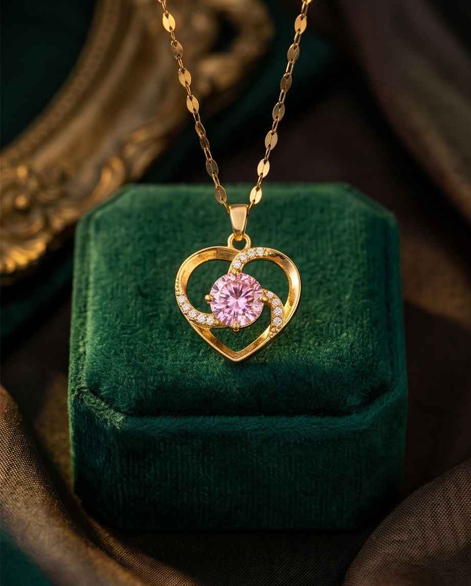 Gold heart pendant necklace with pink center gemstone and sparkling halo, on chain