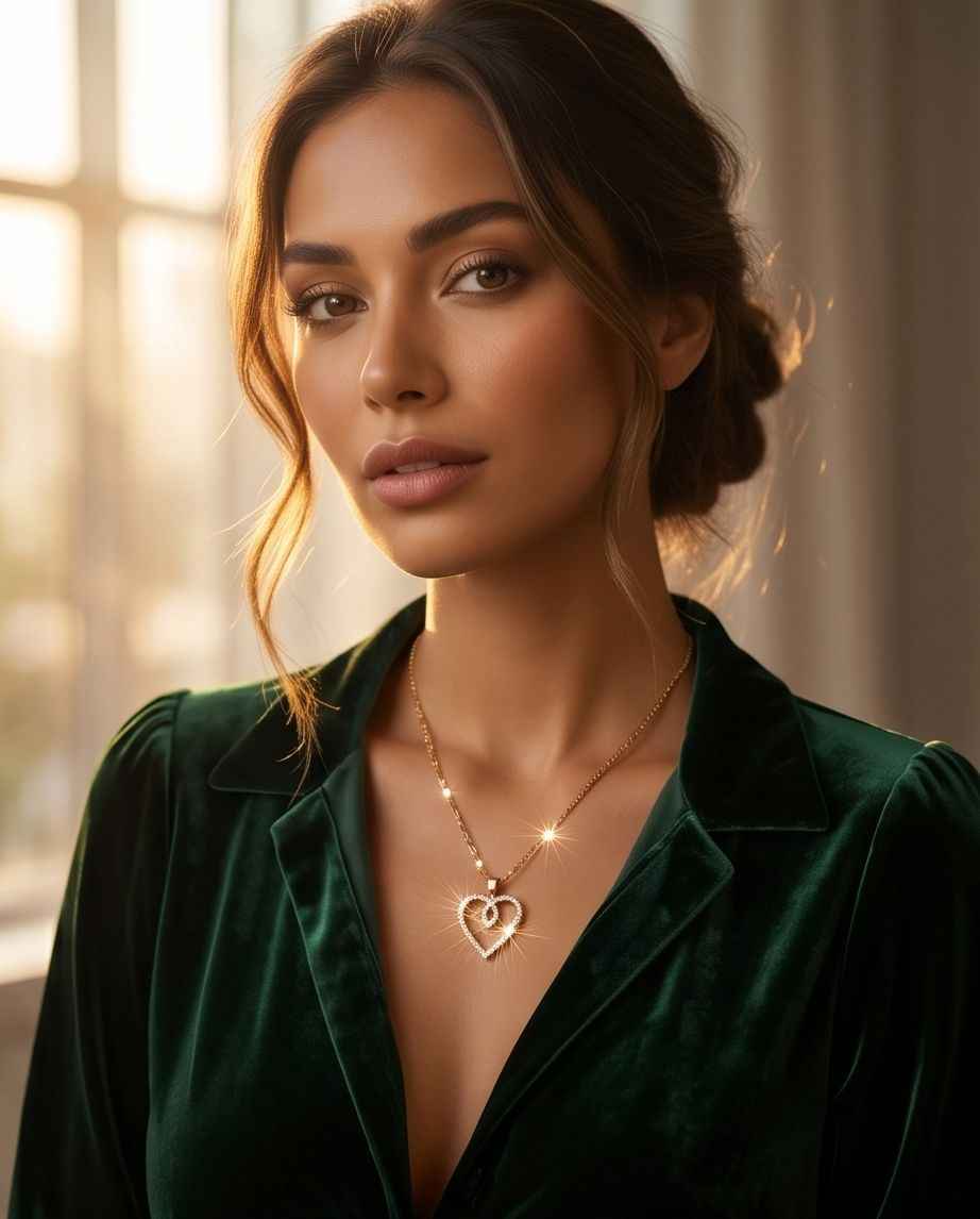 Gold heart pendant necklace with pavé stones on a fine chain