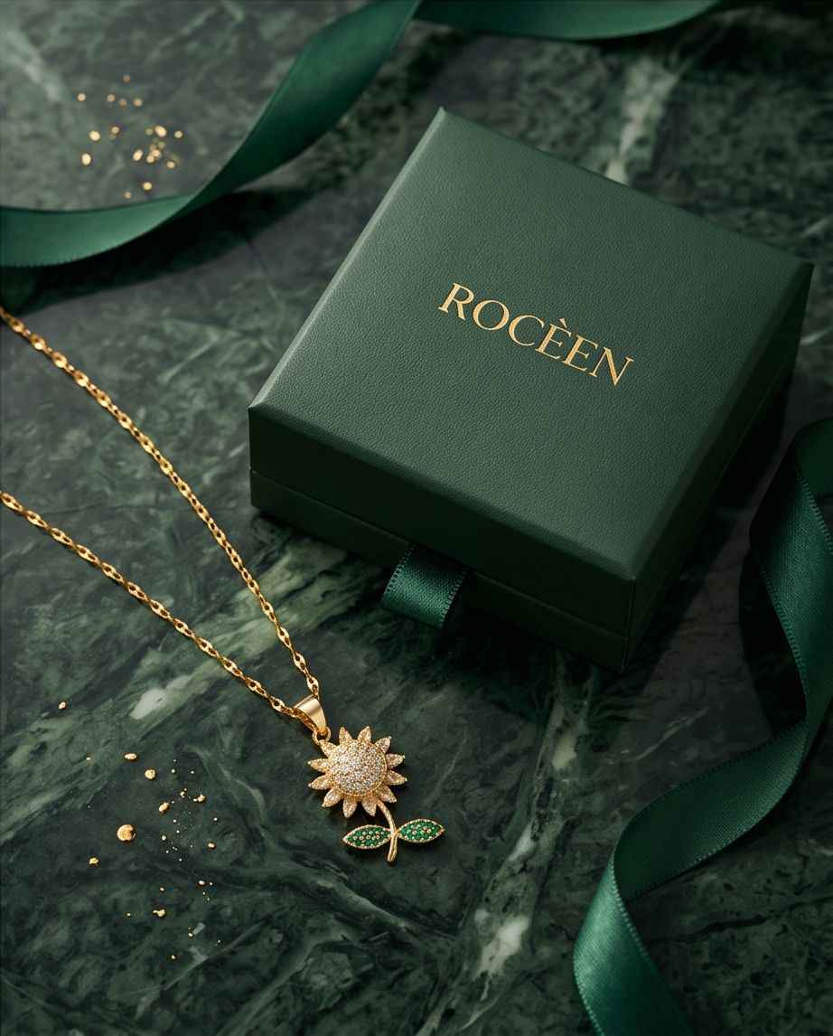 Gold-tone pendant necklace with sunburst charm and green leaf gems on chain