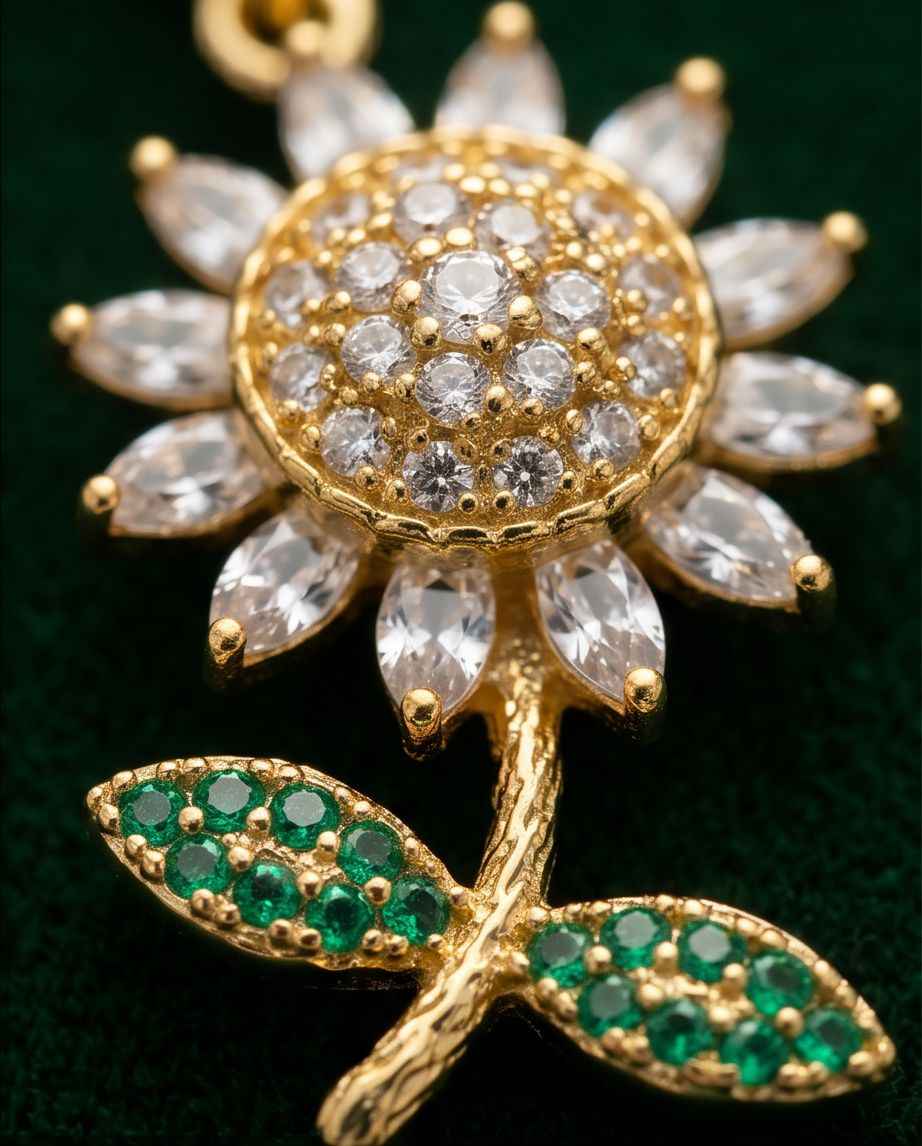 Gold-tone sun flower pendant with clear stones and green gem leaf accents