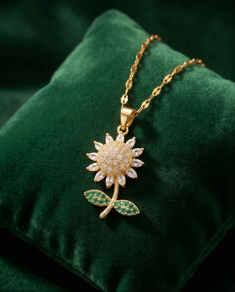 Gold-tone necklace with round sun pendant, clear stones, and green leaf accents