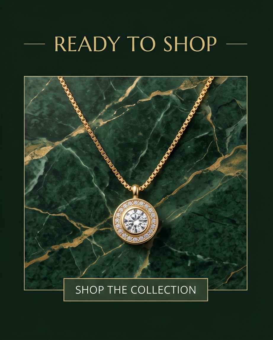 Gold halo pendant necklace with round crystal center and pavé halo on chain
