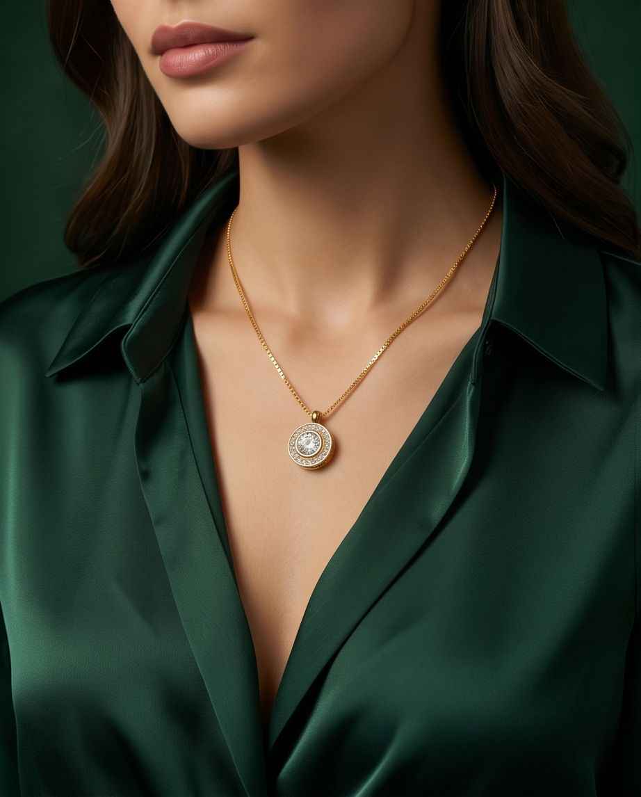 Gold halo pendant necklace on model with small round crystal halo pendant
