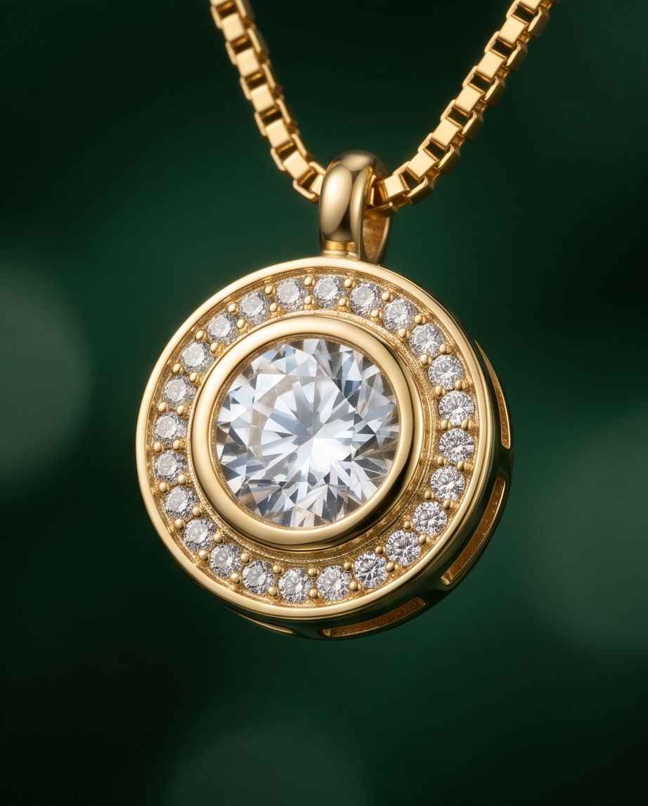 Gold halo pendant necklace with large round center stone and pavé outer ring