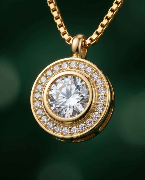Gold halo pendant necklace with large round center stone and pavé outer ring