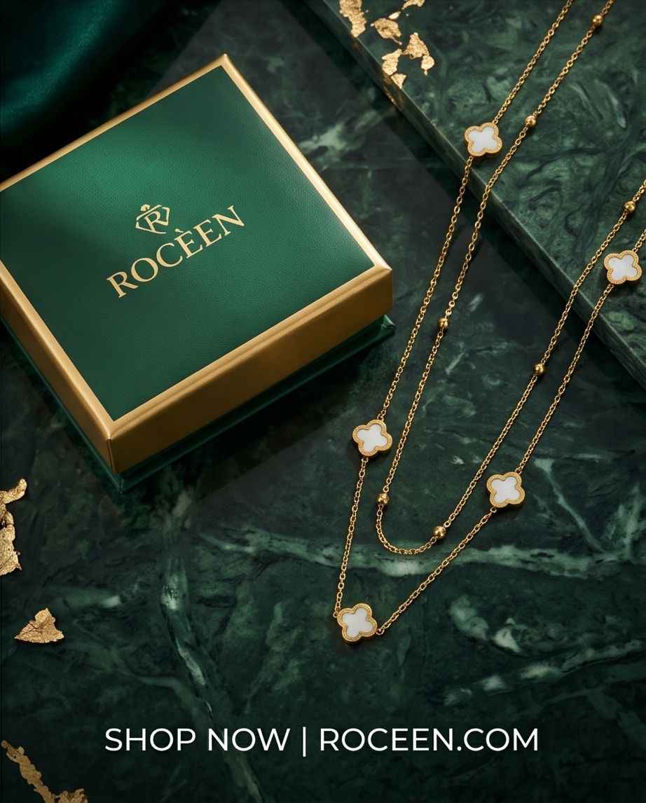 Gold clover mother-of-pearl necklace with three clover charms on chain