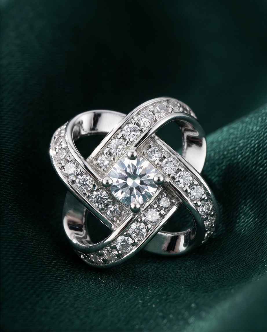 Sterling silver knot stud earring with X design and round center stone, side view