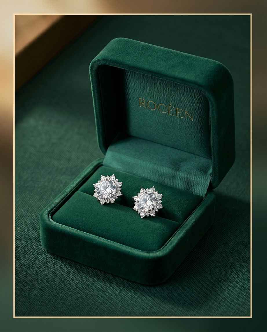 Halo stud earrings with round crystal cluster and silver-toned halo