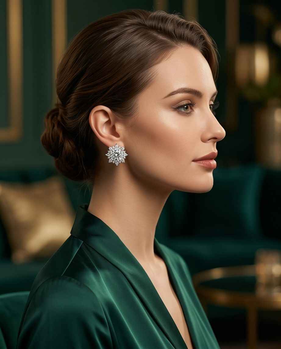Halo stud earrings with round crystal cluster, worn on ear