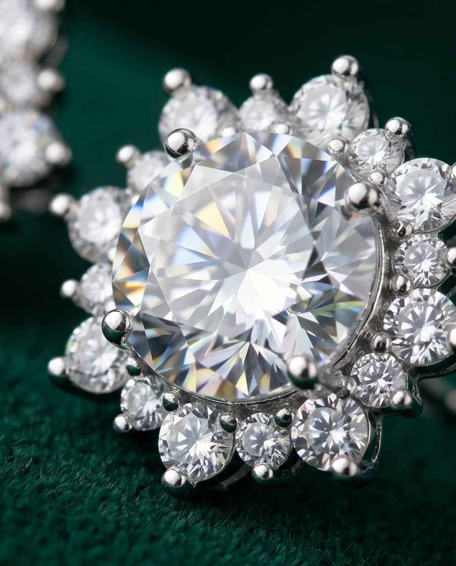 Halo stud earrings with large round center stone and petal-style crystal halo, 925