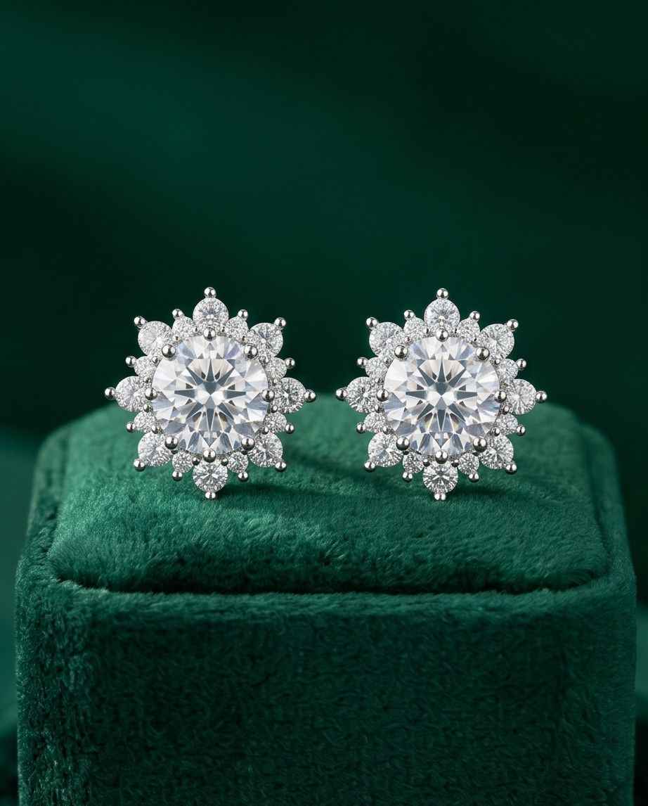 Lumière halo stud earrings, round crystal center with sparkling halo and clear stones