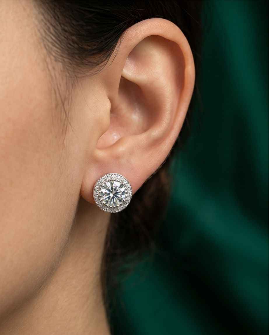 Éclat Royale 925 round stud earring with pavé halo and clear center stone