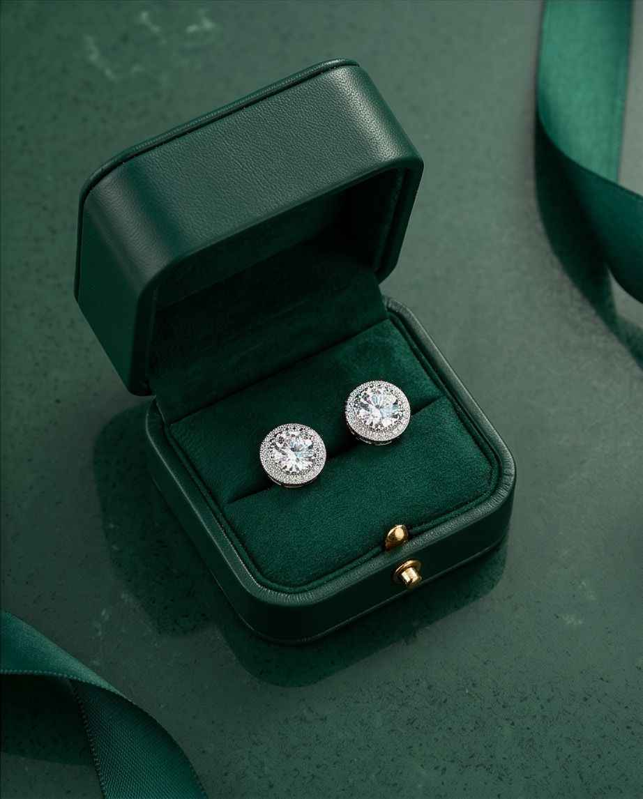Éclat Royale 925 round stud earrings with pavé halos and clear center stones