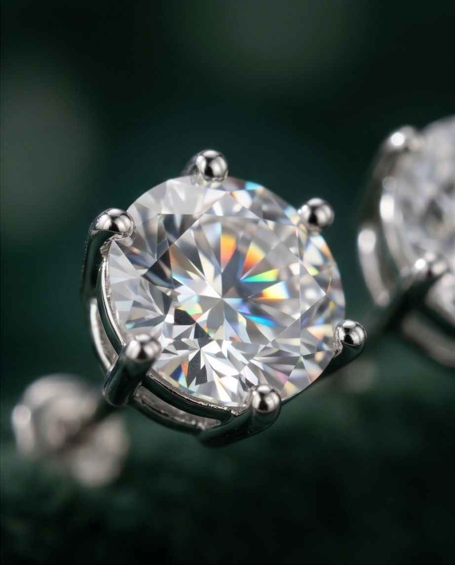 Round clear solitaire stud earring with four-prong silver setting