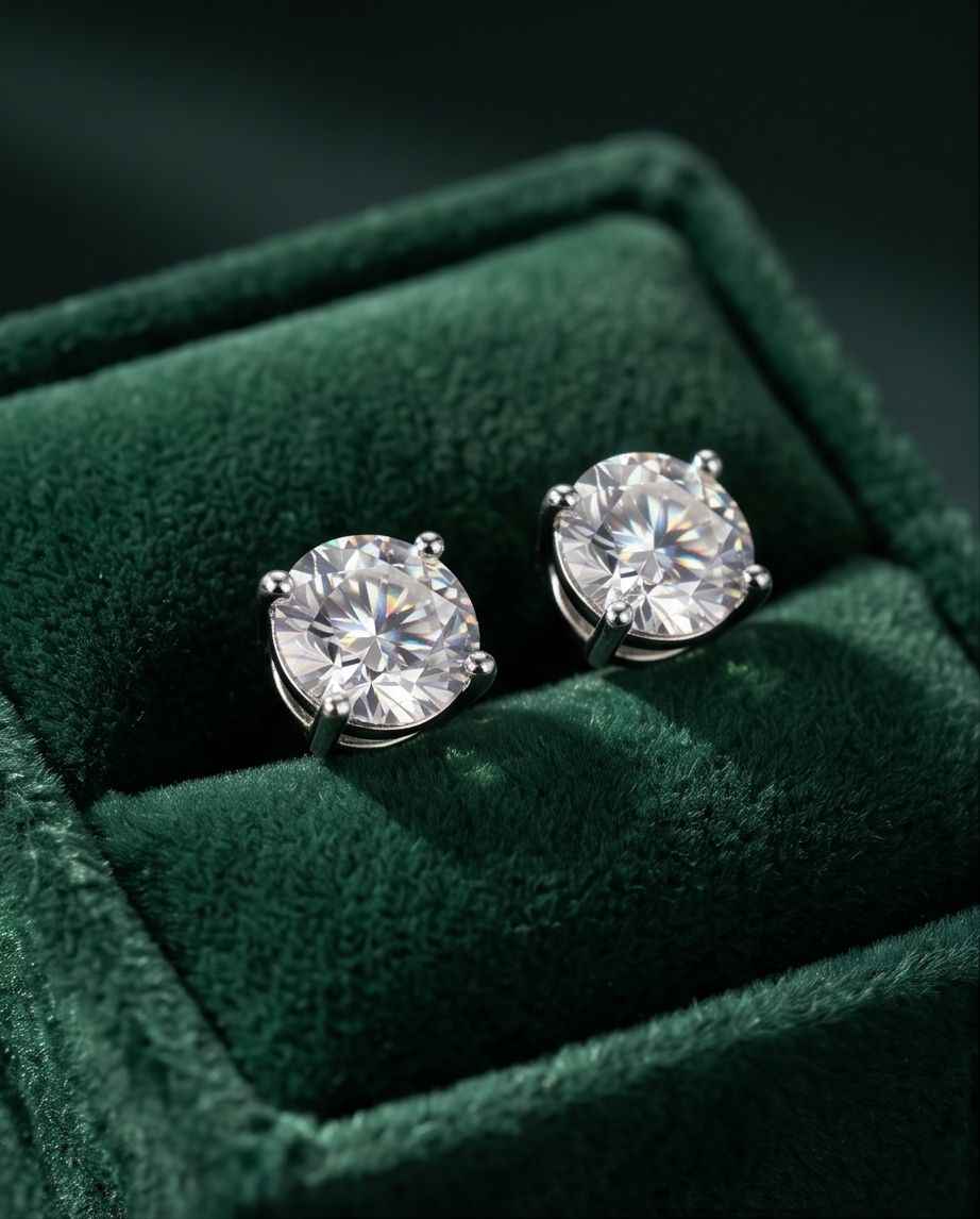 925 sterling solitaire stud earrings with round clear stone in silver prongs