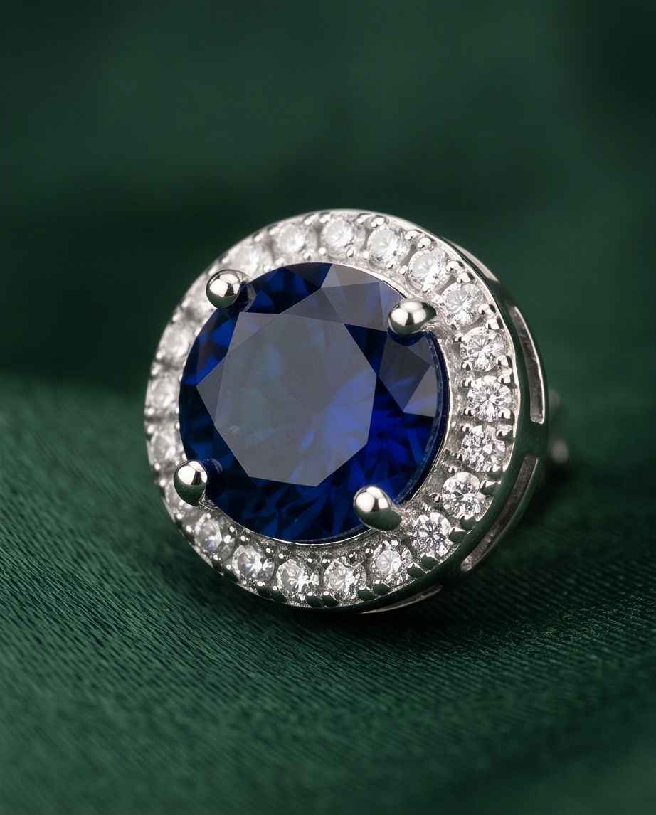 Sapphire halo stud earring with blue center gemstone and silver crystal halo