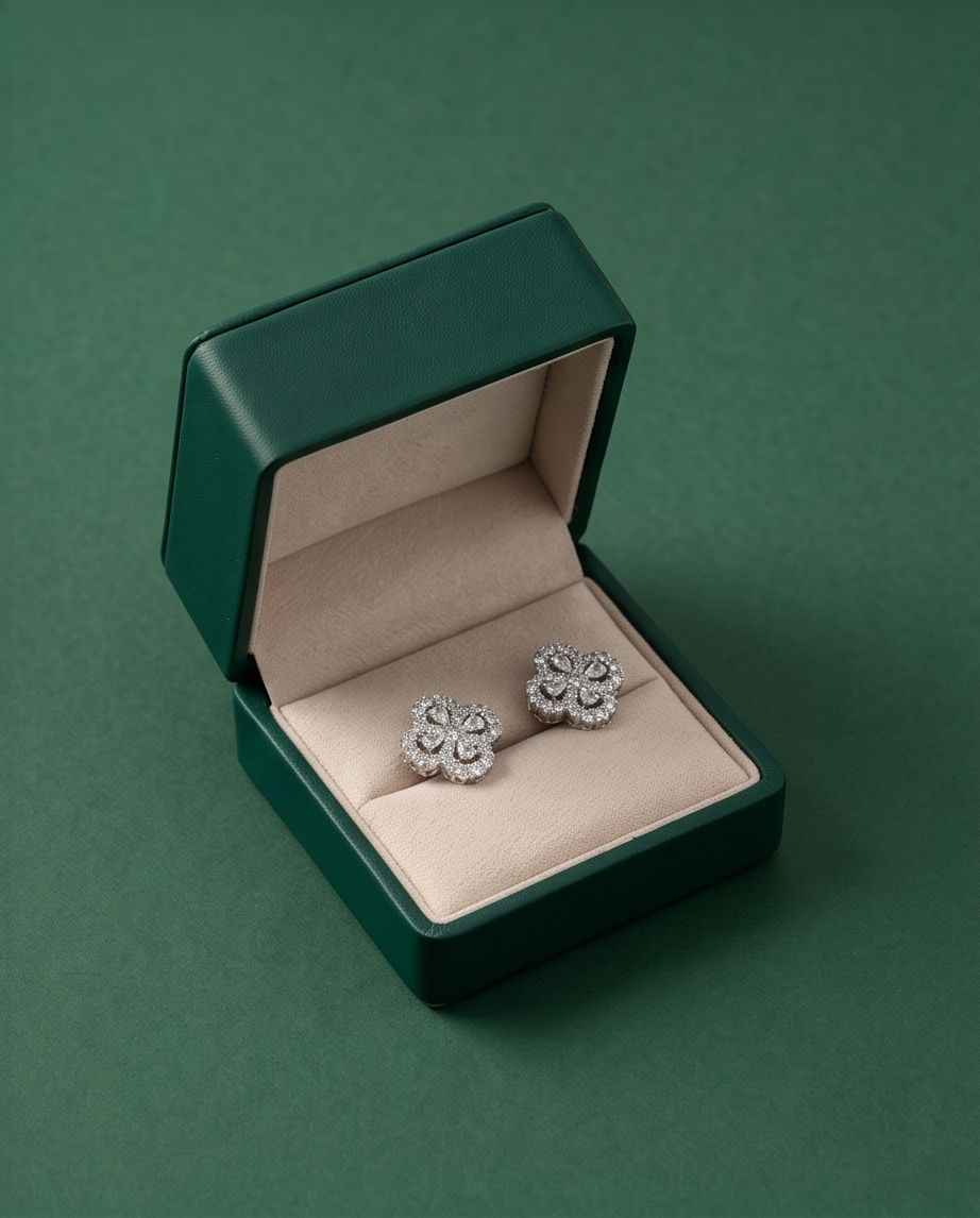 Flower diamond stud earrings with round halo stones, silver-tone settings