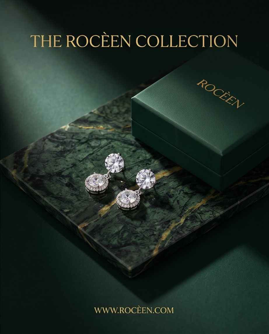 Silver drop earrings with round clear stones displayed on a jewelry box