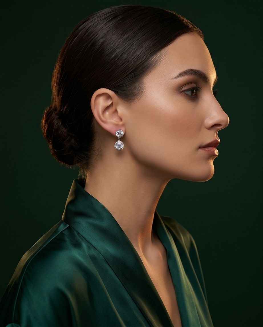 Silver drop earrings with round clear stones, worn by model in profile