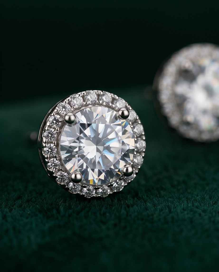 Silver halo drop earring with large round clear center stone and pavé border