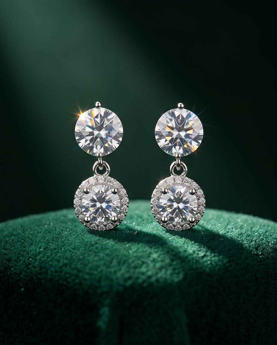 Silver halo drop earrings with round clear stones and dangling pavé accents