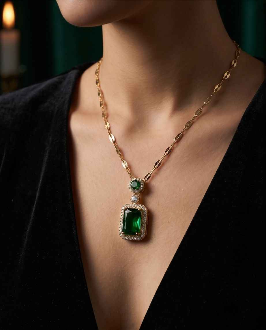 Gold-tone emerald pendant necklace on model, with round green stone and square green pendant