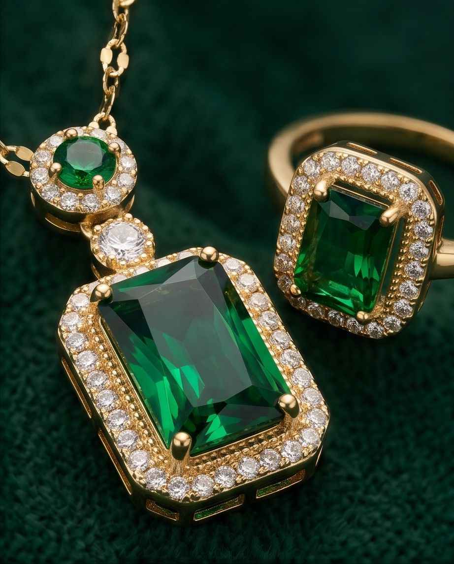 Gold-tone emerald pendant necklace and ring with square green gemstone surrounded by crystals