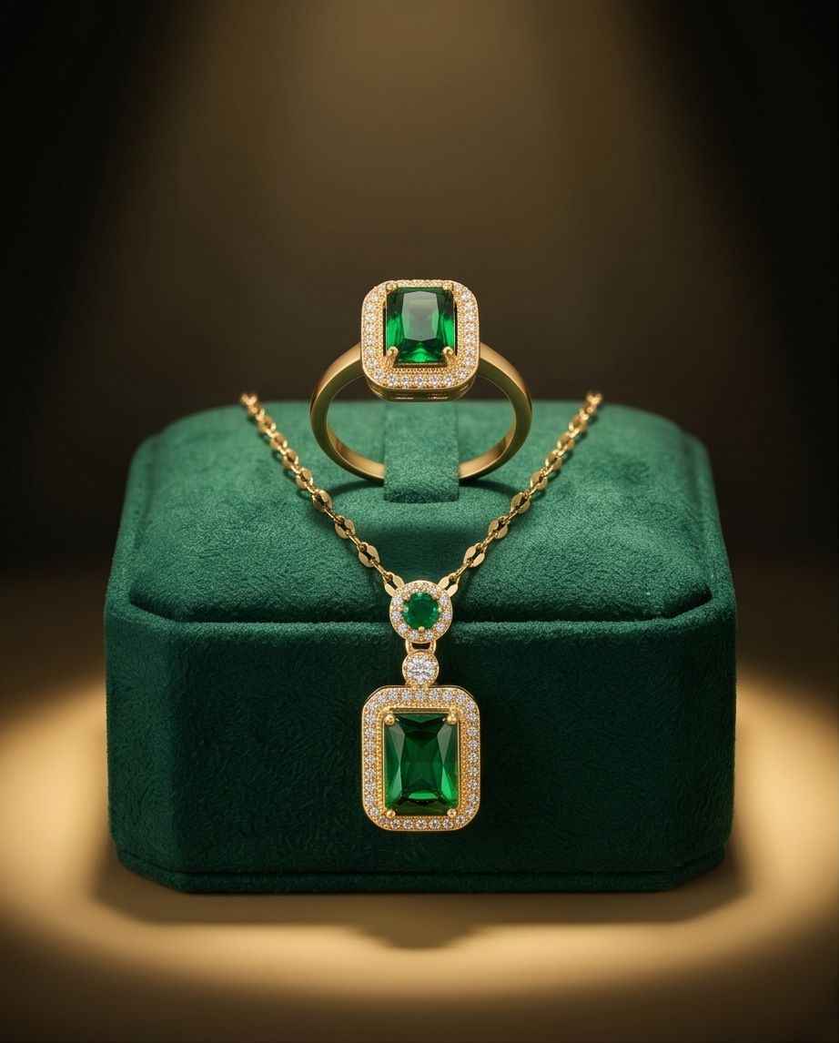 Emerald gemstone jewelry set: gold-tone necklace with square green stone pendant and ring