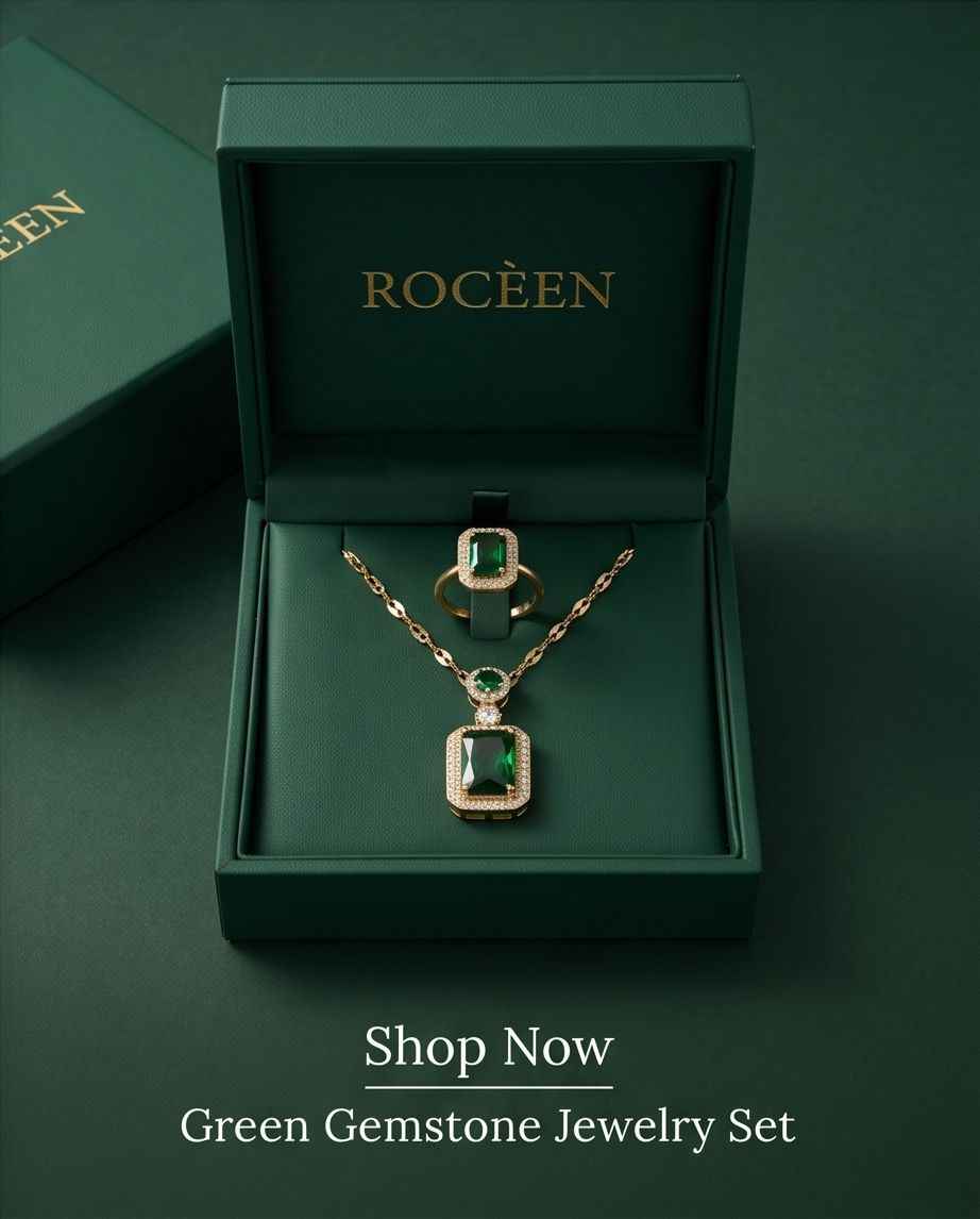 Emerald gemstone jewelry set in box: gold-tone pendant necklace and matching ring