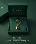 Emerald gemstone jewelry set in box: gold-tone pendant necklace and matching ring