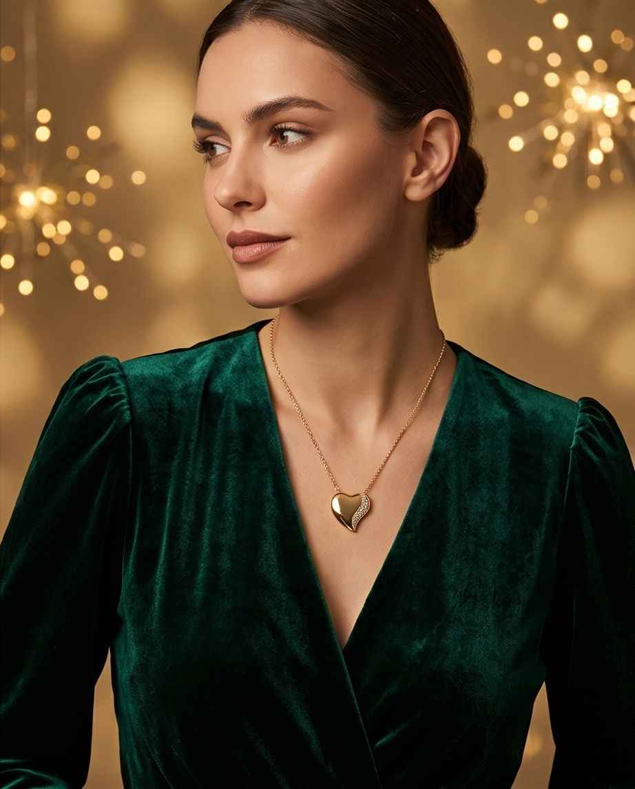 Gold heart pendant necklace worn with a dark green V-neck dress