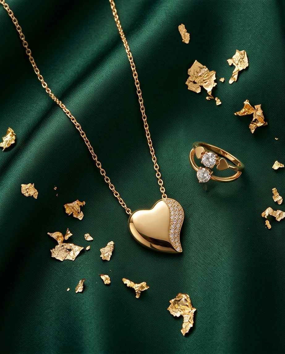 Gold heart pendant necklace with pavé stone border, close-up on link chain