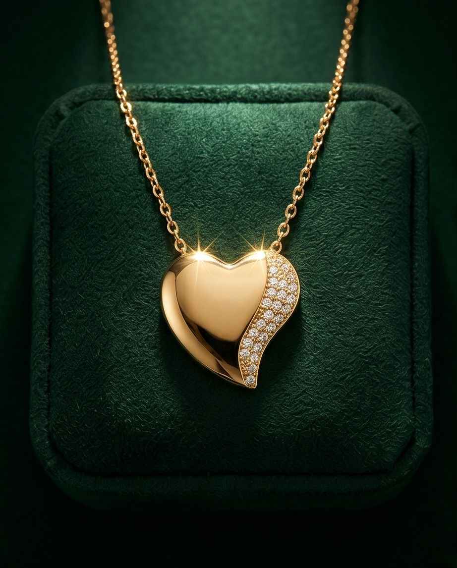 Gold heart pendant necklace with pavé stones on the heart edge, on a link chain
