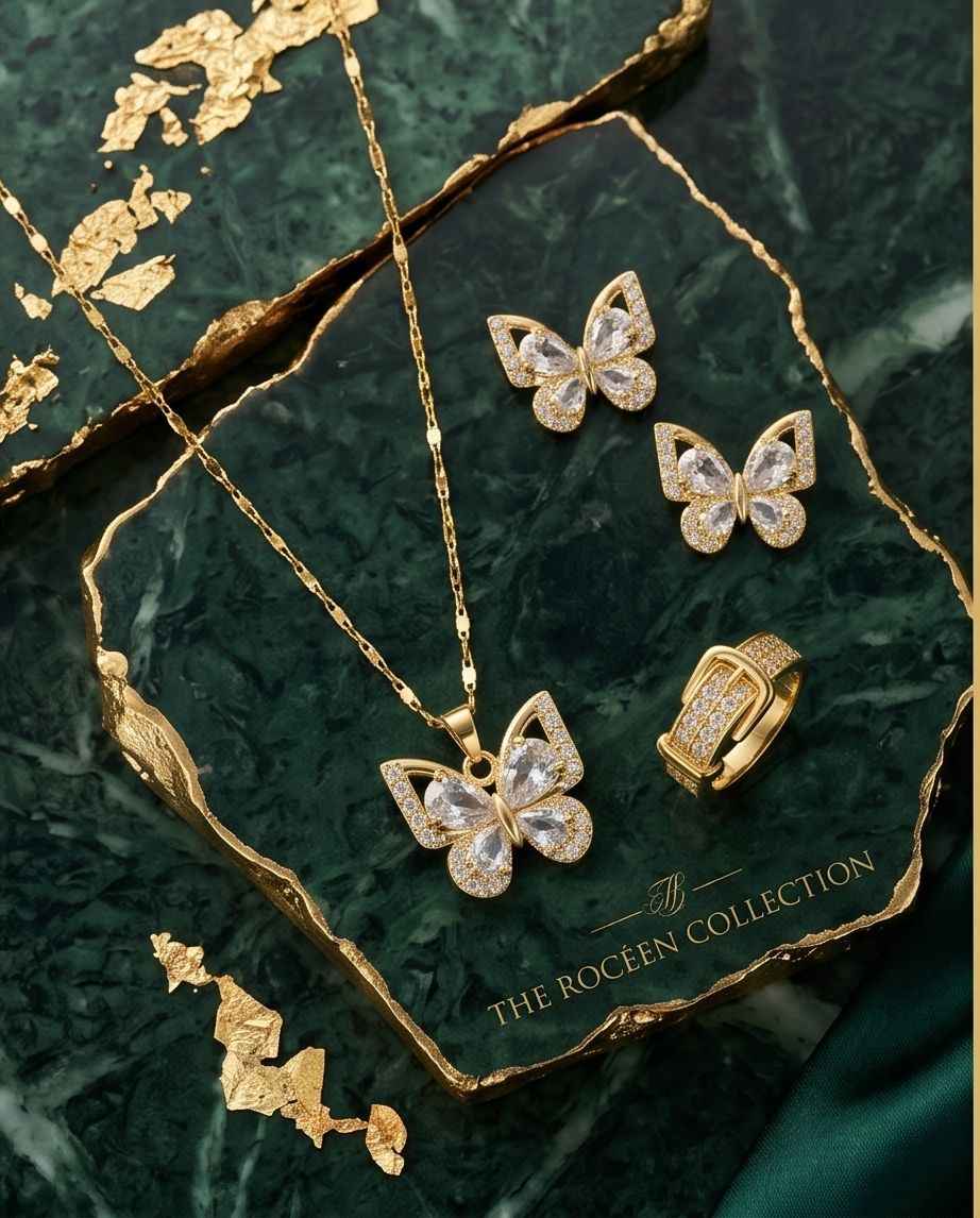 Gold-tone butterfly jewelry set with pendant necklace, stud earrings, and ring