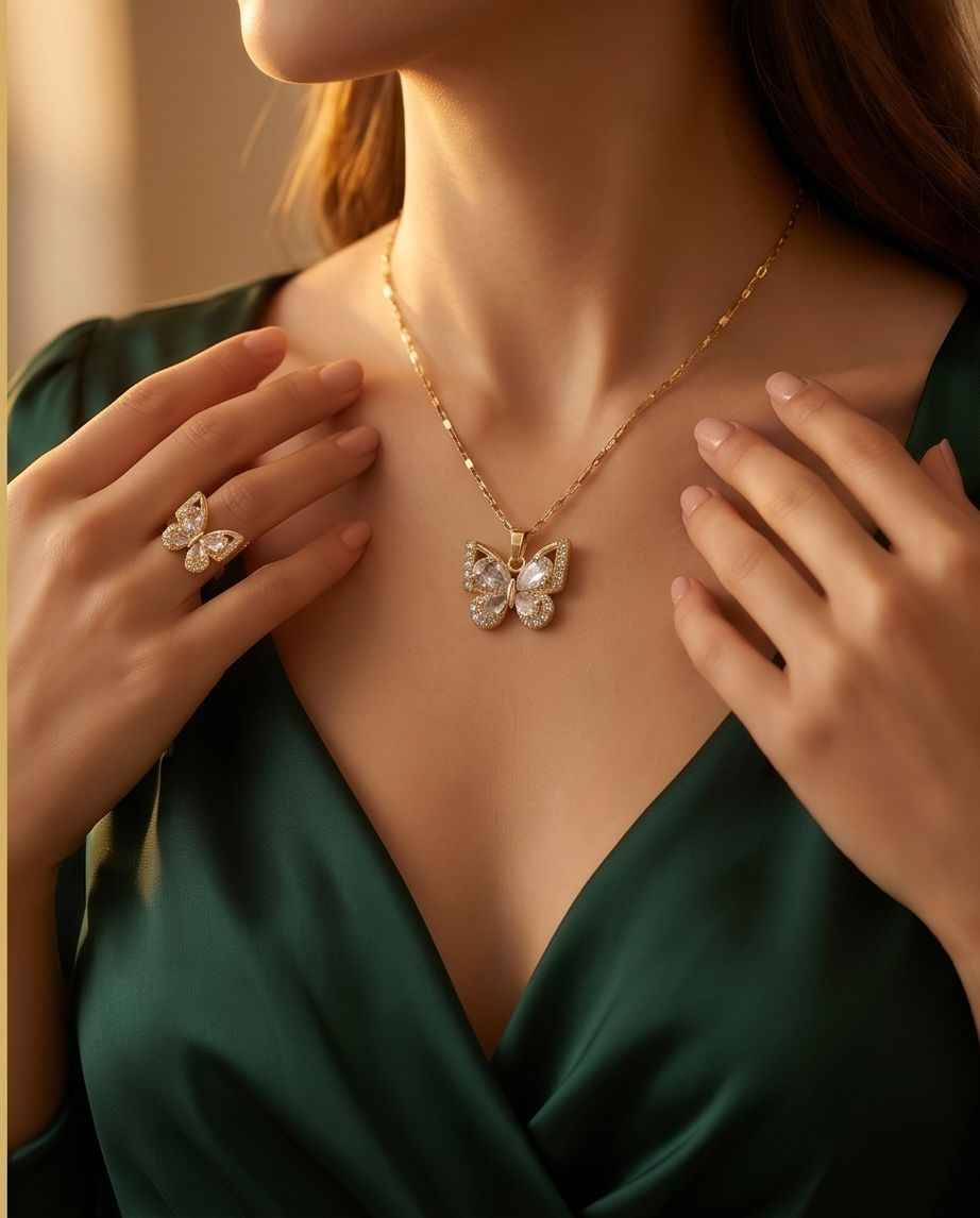 Butterfly pendant necklace with stud earrings and gold-tone ring worn on model