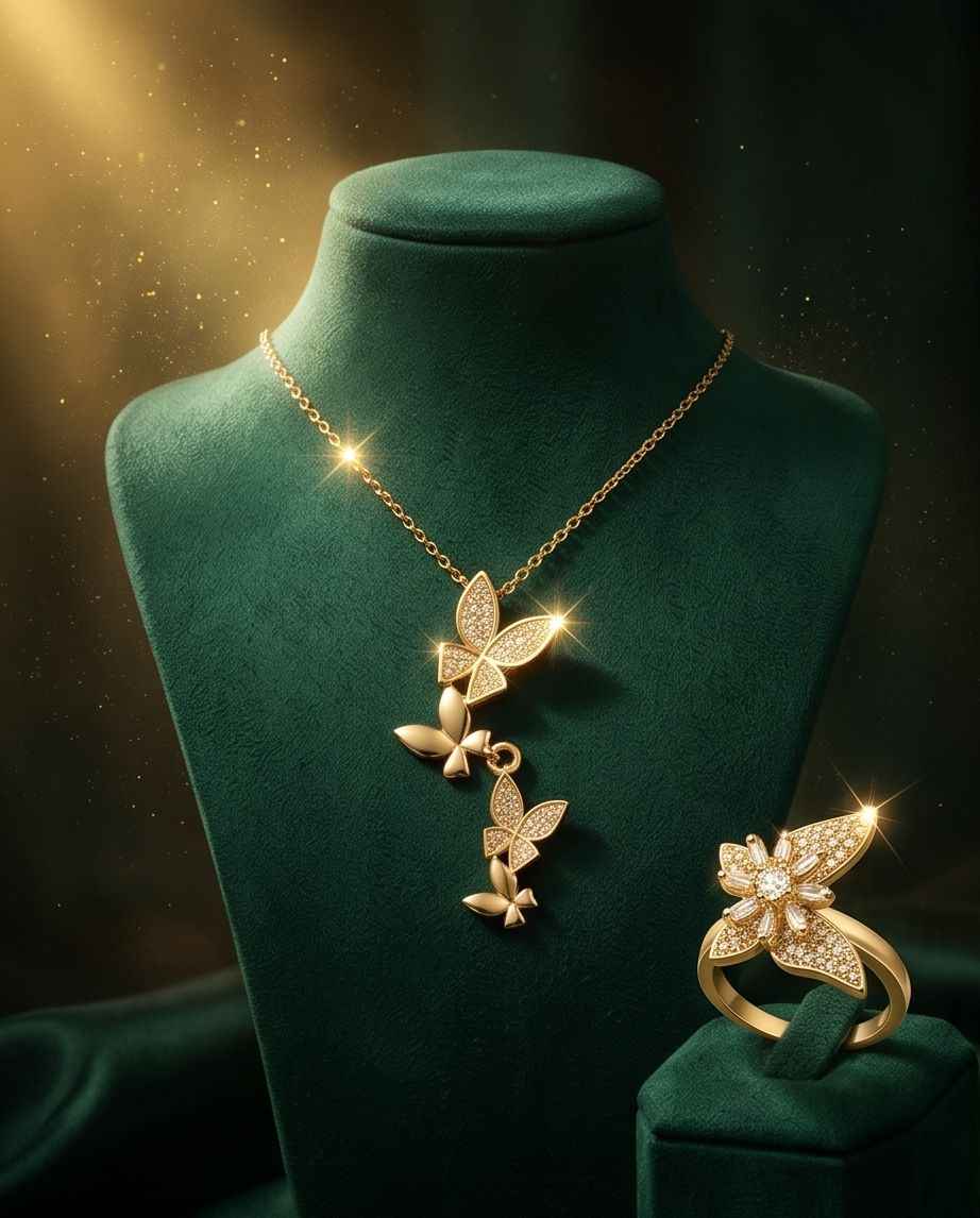 Gold-tone butterfly pendant necklace with matching ring, rhinestone sparkle set