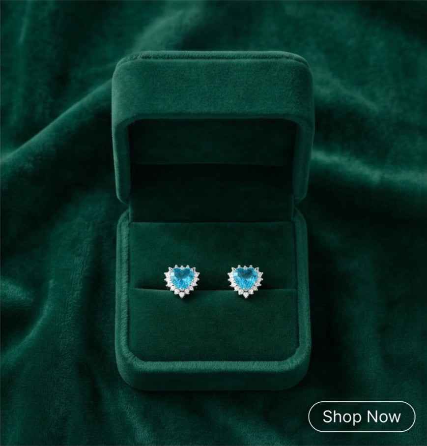 Blue heart halo stud earrings, silver-tone setting with clear stone halo