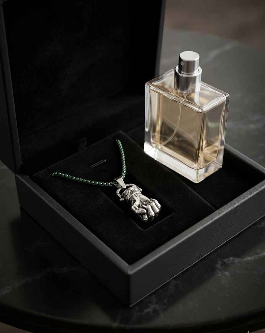 Silver-tone pendant necklace with green bead chain and hand charm in jewelry box