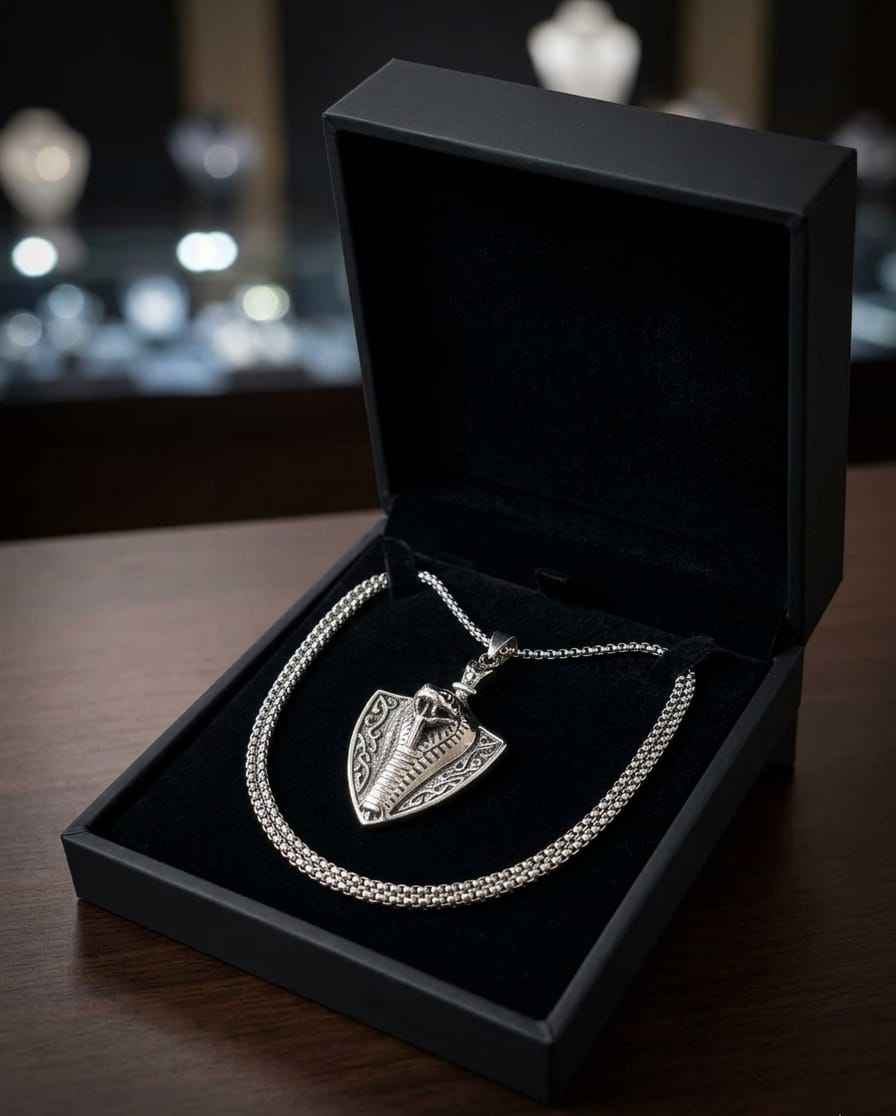 Silver-tone shield charm necklace with layered chain on black display