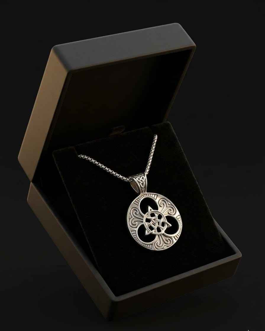 Silver Celtic knot necklace with round pendant featuring trinity knot and chain in box