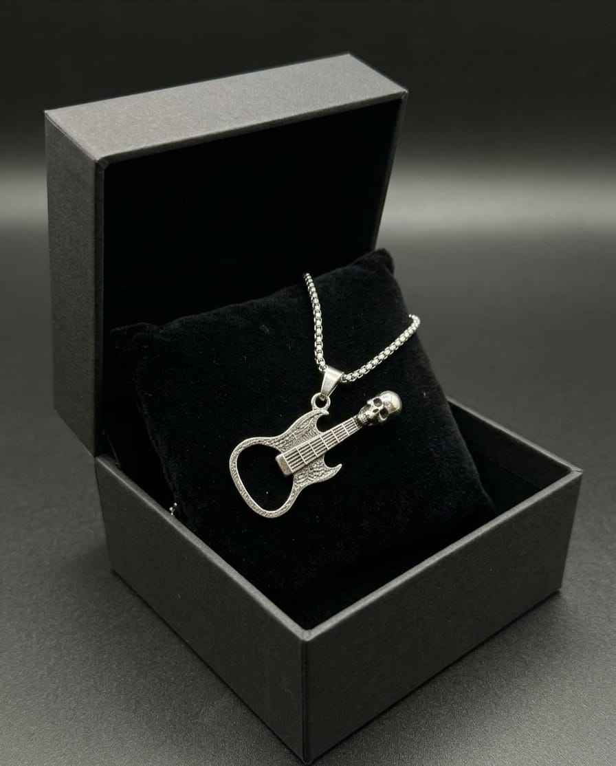 Silver chain guitar pendant necklace with round loop connector on black velvet pouch