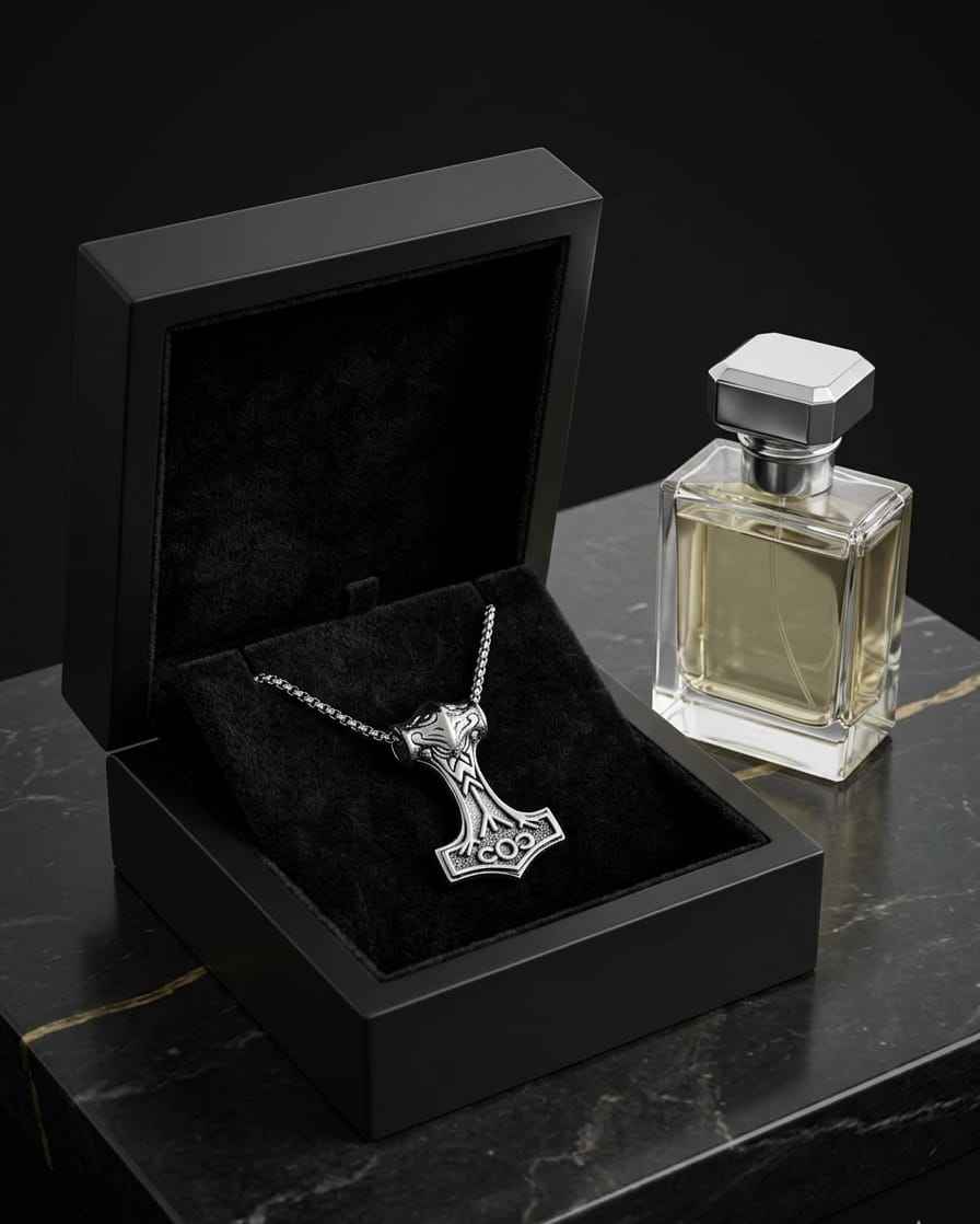 Silver hammer pendant necklace on black velvet display, with curb chain and engraved details